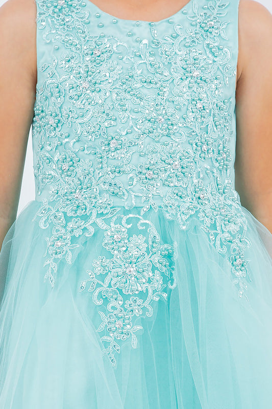 Aqua Blue Sleeveless High-low Tulle Dress with Lace, Pearls, and Rhinestone Bodice