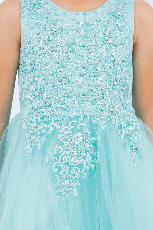 Close-up front-facing view of aqua blue sleeveless high-low tulle flower girl dress with lace bodice, pearl trim neckline, and rhinestone detailing