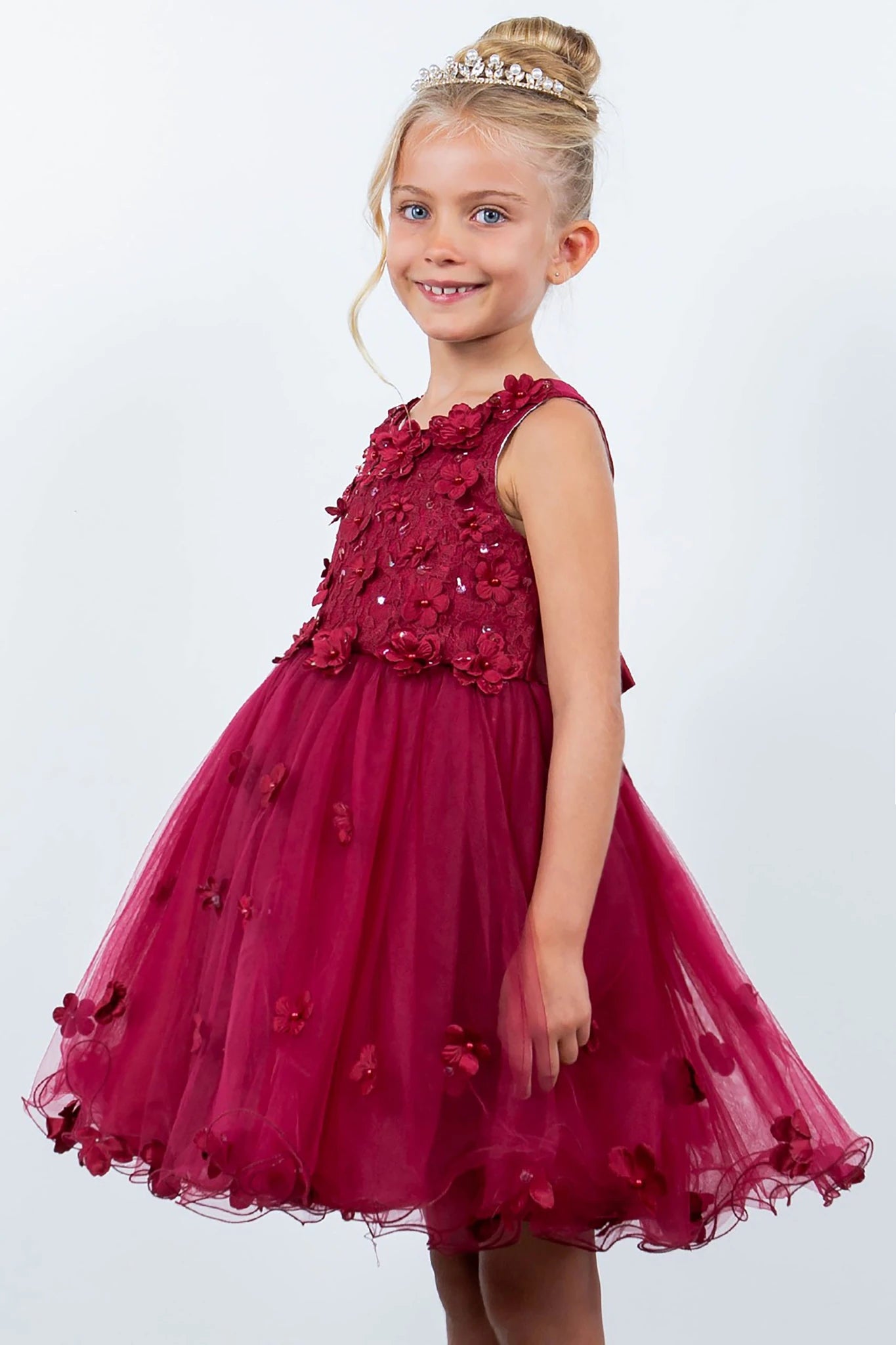 Burgundy Kid Sleeveless 3D Flowers Elegant Tulle Flower Girl Dress 2 / Burgundy