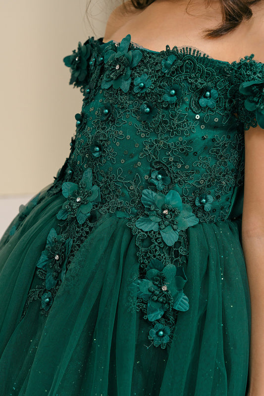 Hunter Green Off-the-Shoulder 3D Floral & Rhinestone Glitter Tulle Flower Girl Dress | Lucy dress | 6 Colors Available