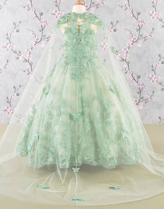 Green lace dress on a mannequin with floral background