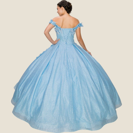 Light blue evening gown on a beige background
