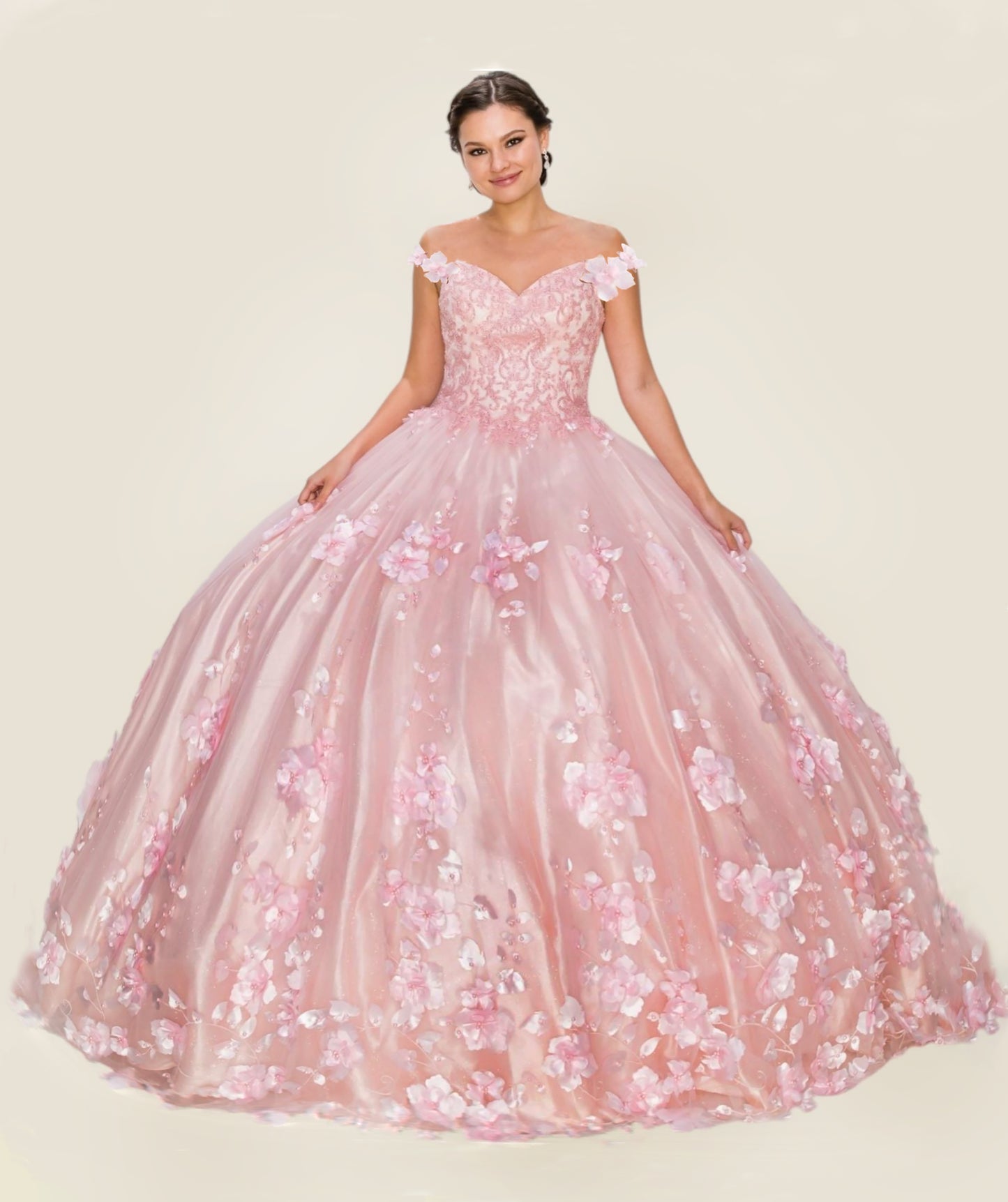 Woman wearing a pink floral gown on a beige background