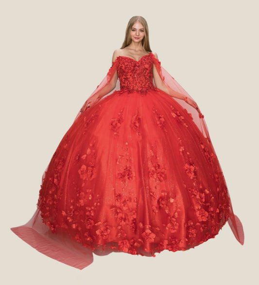 Red ball gown with floral embroidery on a beige background