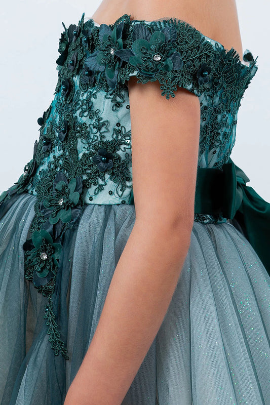 Green floral embroidered dress with a gray tulle skirt on a white background