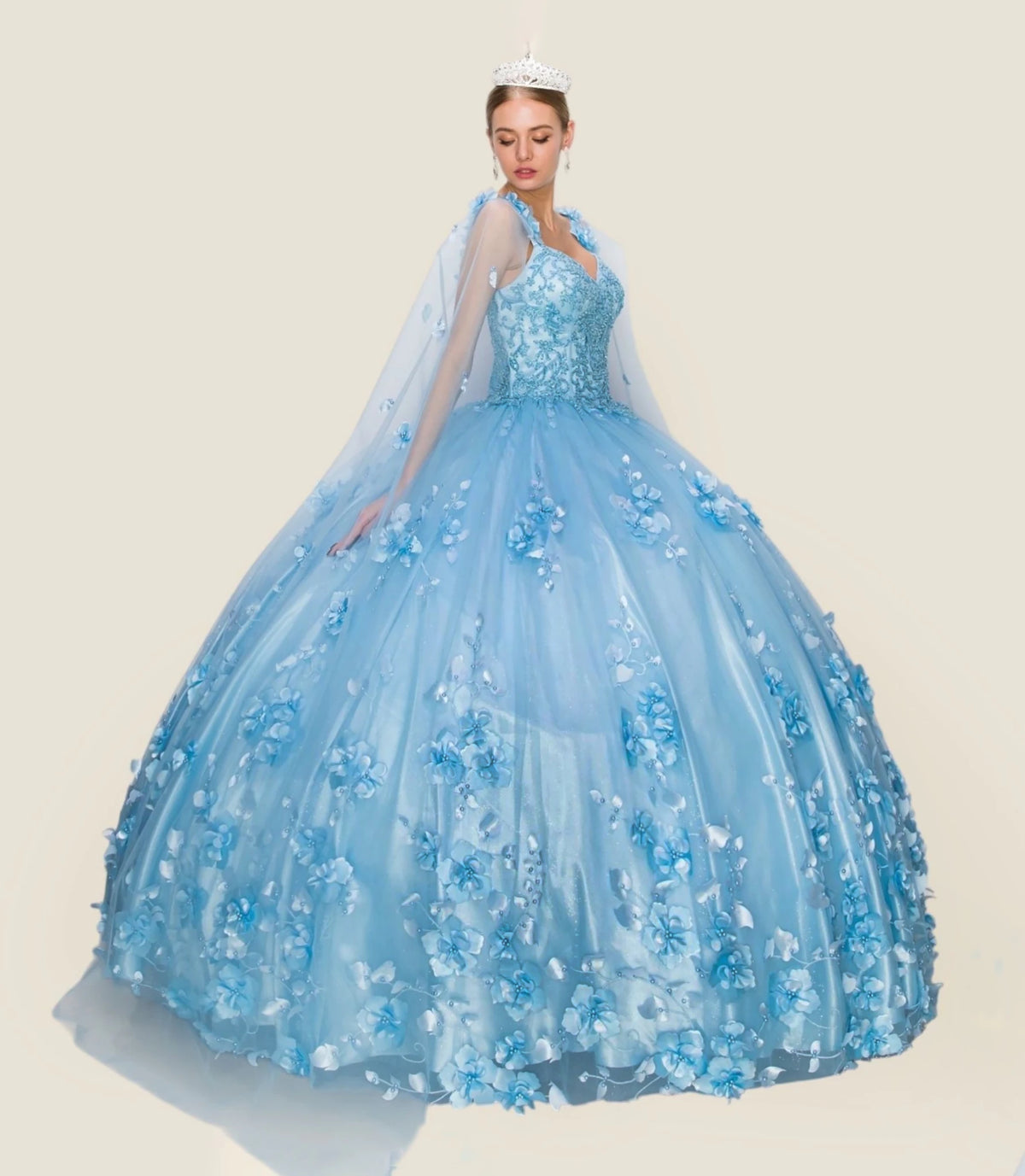 Skirt detail shows Light Blue quinceanera ball gown with floral appliques, pearl embellishments, and glitter tulle skirt.