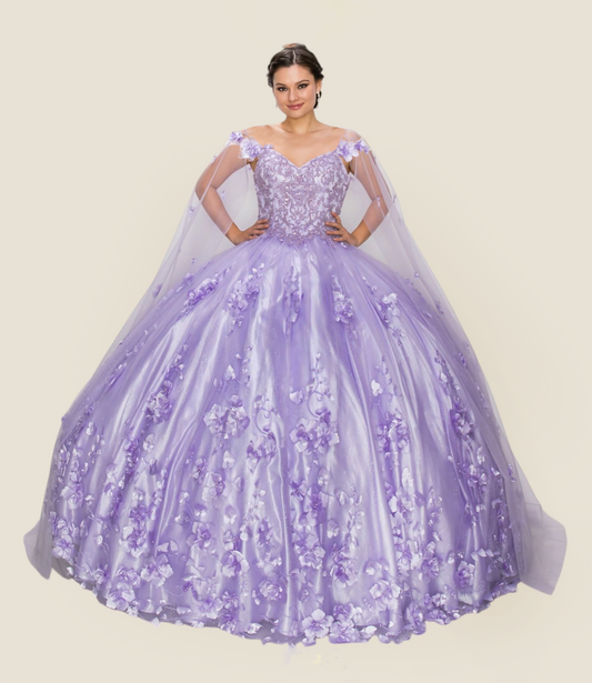 Woman wearing a purple floral ball gown on a beige background