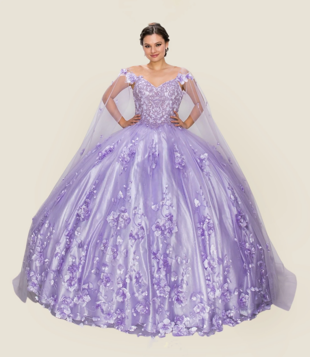 Front view presents Lilac quinceanera ball gown with floral appliques, pearl embellishments, and detachable cape.