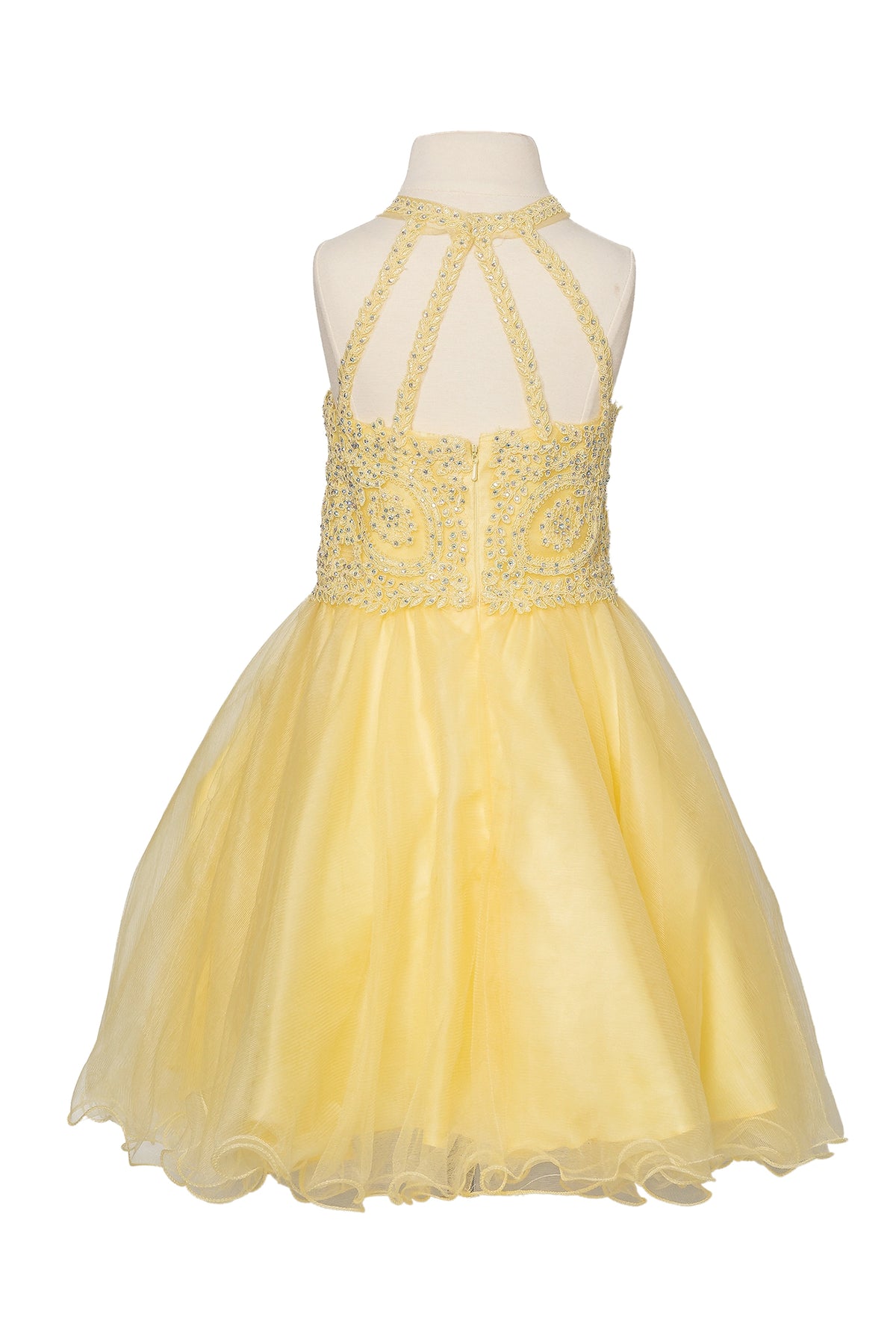 The reverse view reveals, the Yellow mini quinceañera dress features open halter back with radiating jeweled straps.