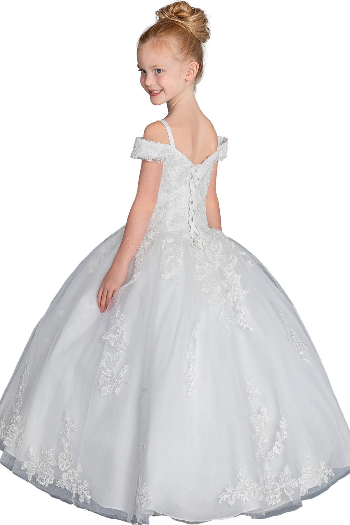 From behind, the Off White mini quinceañera dress features corset back framed by delicate lace straps.