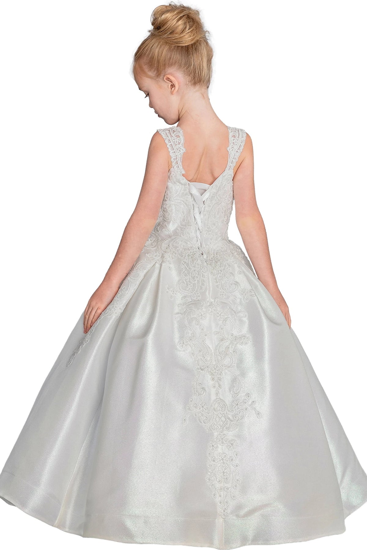 Behind the full skirt, the Off White mini quinceañera dress features open v-back and embroidered lace paneling.