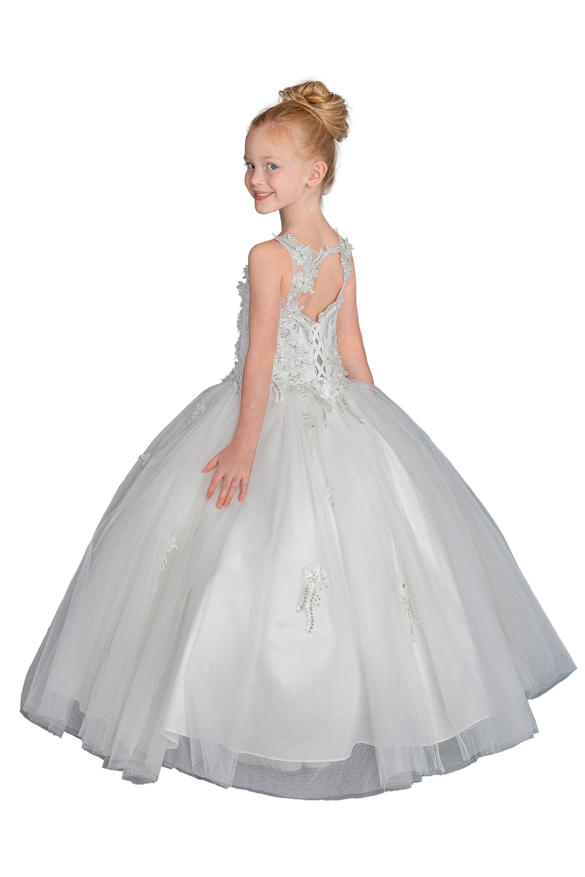 Turning to the back, the Off White mini quinceañera dress features keyhole opening above a lace-up back.