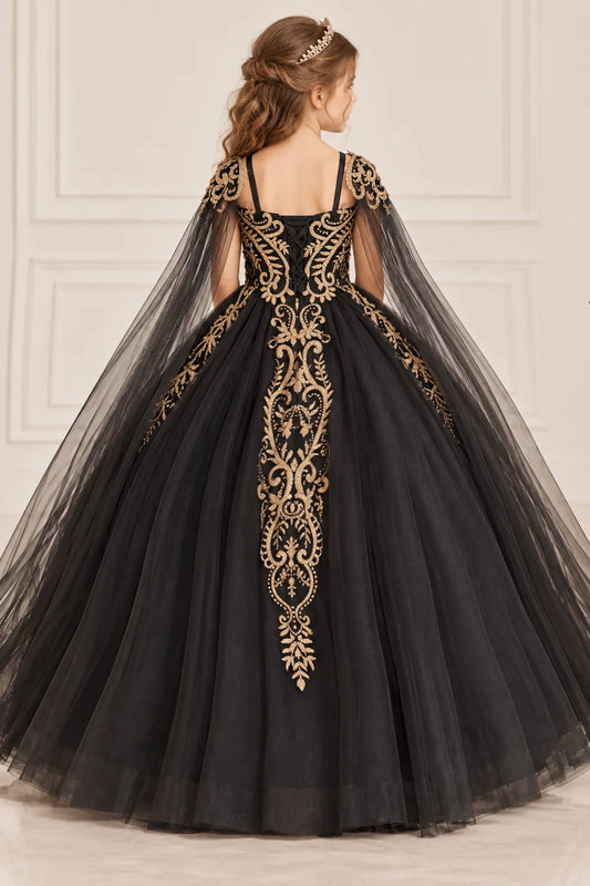 Flowing tulle frames the embroidered back panel and shoulder straps of the Black mini quinceañera dress.