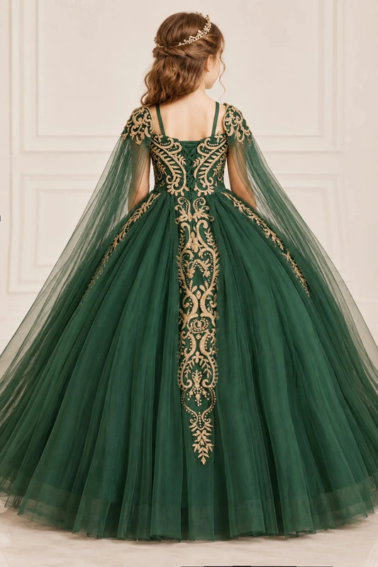Flowing tulle frames the embroidered back panel and shoulder straps of the Hunter Green mini quinceañera dress.