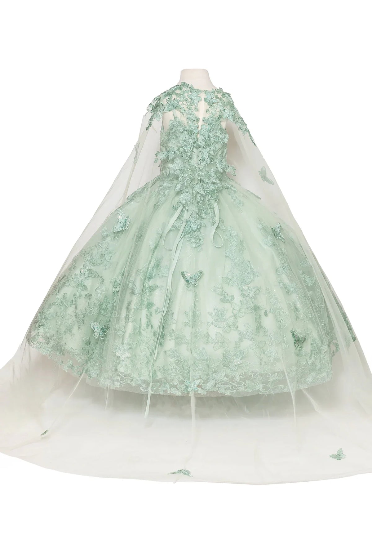 Sage floral mini quince dress with a white veil.