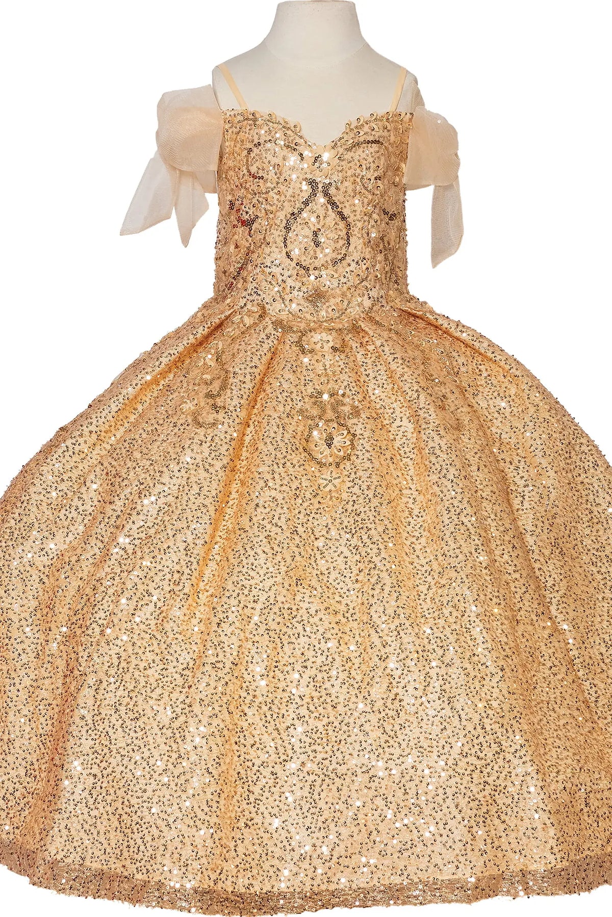 Detailed through the bodice, the Gold mini quinceañera dress shows sequined sweetheart bodice with ribboned puff sleeves.