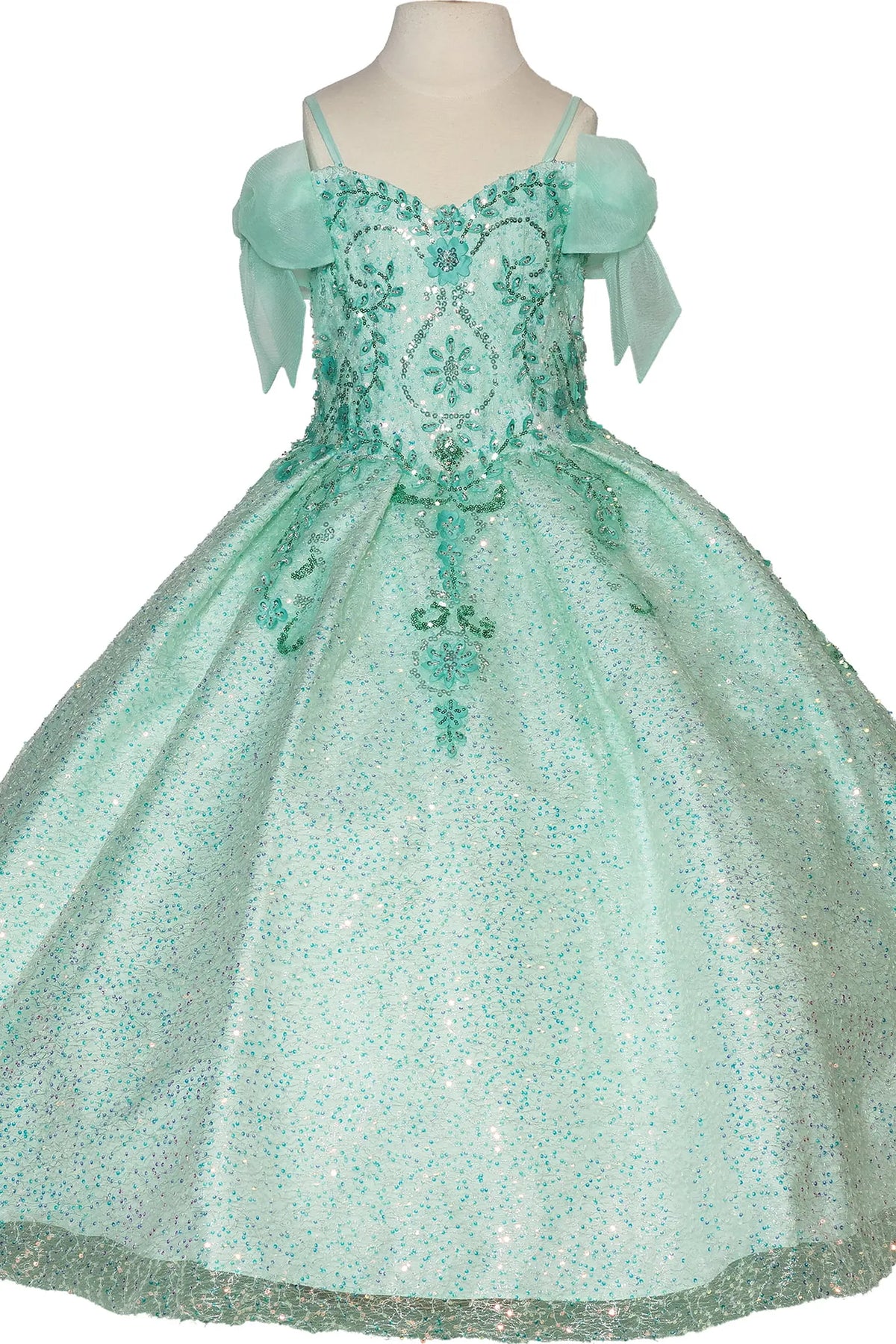 At first glance, the Mint mini quinceañera dress shows sequined sweetheart bodice with ribboned puff sleeves.