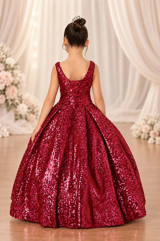 Ribbon lacing shapes the back of the Burgundy mini quinceañera dress above its sweeping sequined skirt.