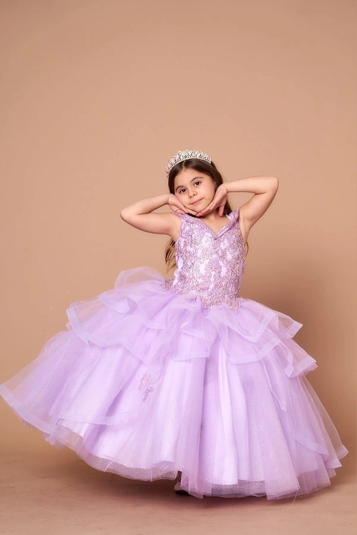 Rich texture defines, the Lilac mini quince dress showcases sparkling jeweled fitted bodice and layered formal skirt with dimensional tiers.