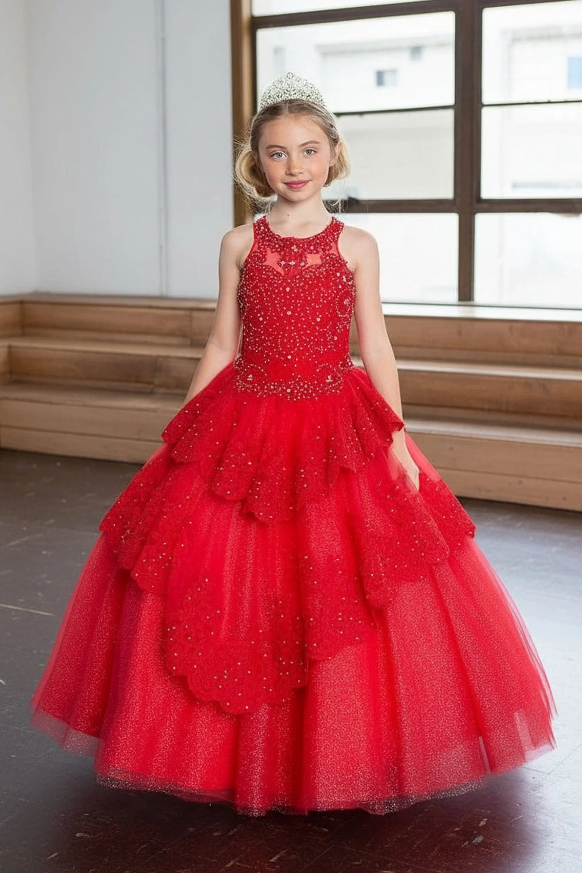 An alternate angle captures full layered tulle skirt with ruffle tiers on the Red mini quince dress.