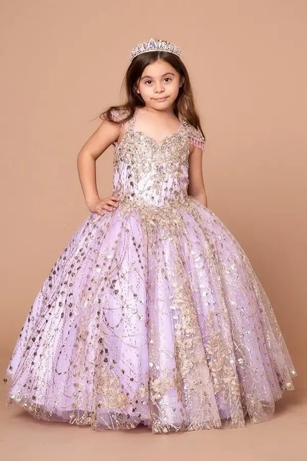 Front view of glamorous lilac mini quince dress with glitter embroidery bodice, beaded sleeves, and voluminous layered skirt.