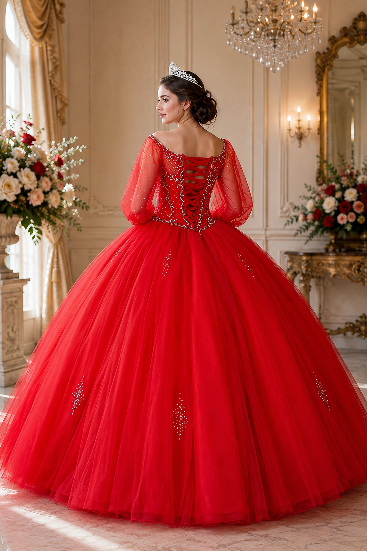 Lace-up detailing finishes the back of the Red quinceañera ball gown between its long sheer sleeves.