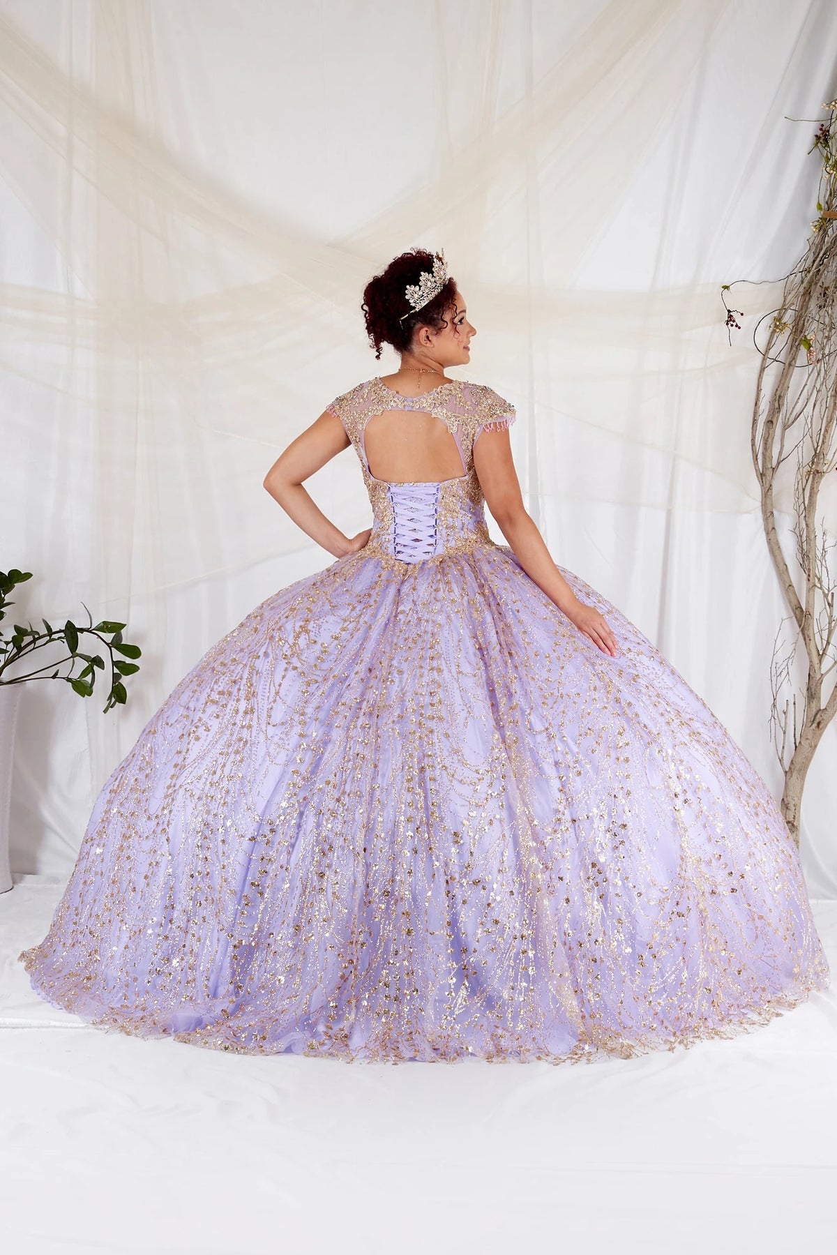 From behind, the Lilac Gold quinceañera ball gown reveals a shaped lace-up back and the sweep of the full skirt.