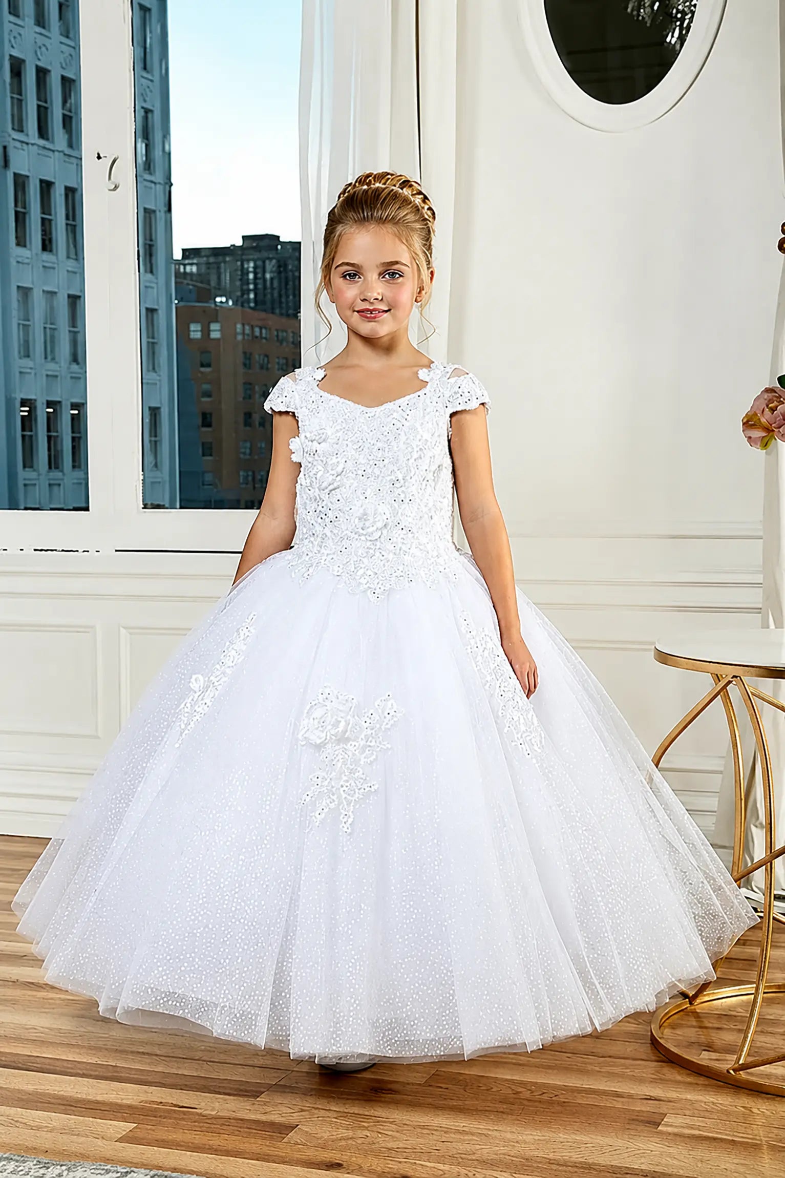 White Kids Mini Quinceanera Ball Gown Tulle Bodice Full Skirt 4 / White