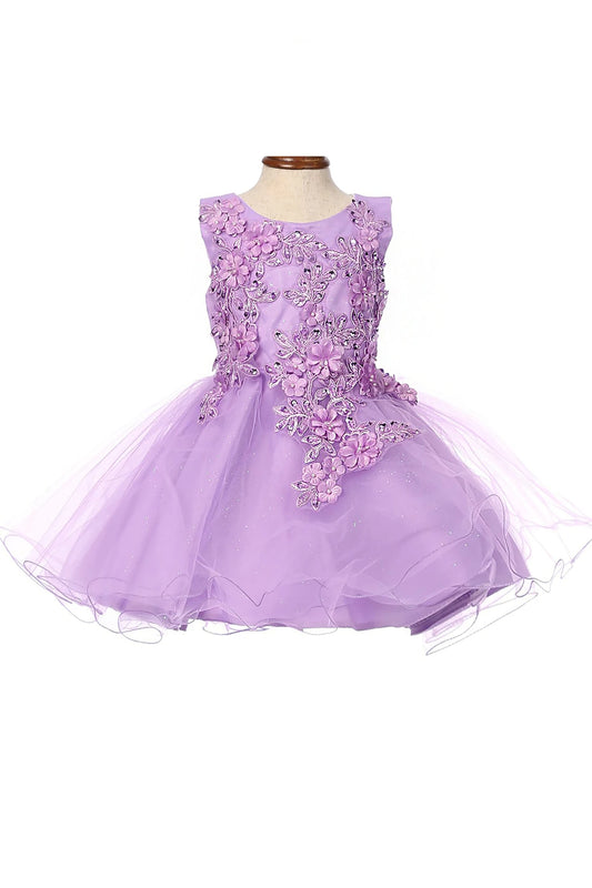 Lilac dress with floral embellishments on a mannequin against a white background