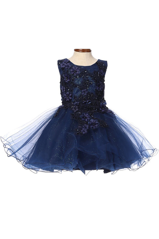 Navy blue dress with floral embellishments on a white background