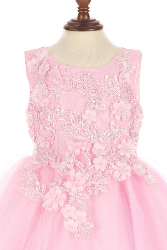 Pink Baby 3D Flower Lace Tulle Special Occasion Dress - zoomed in front of dress view