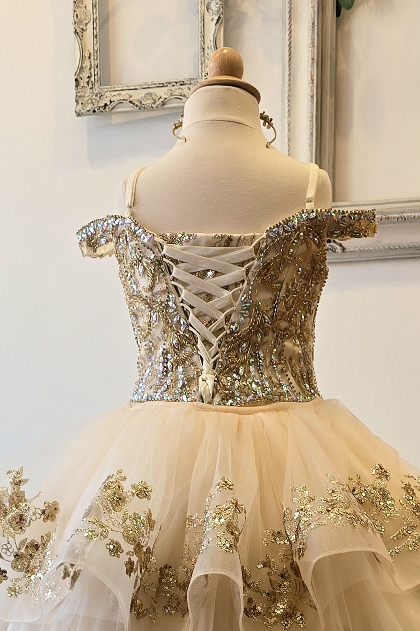 Ivory/Champagne Detachable Long Train with Stones and Gems Mini Quinceanera 3-Anos mini quince dress Back Zoom View.