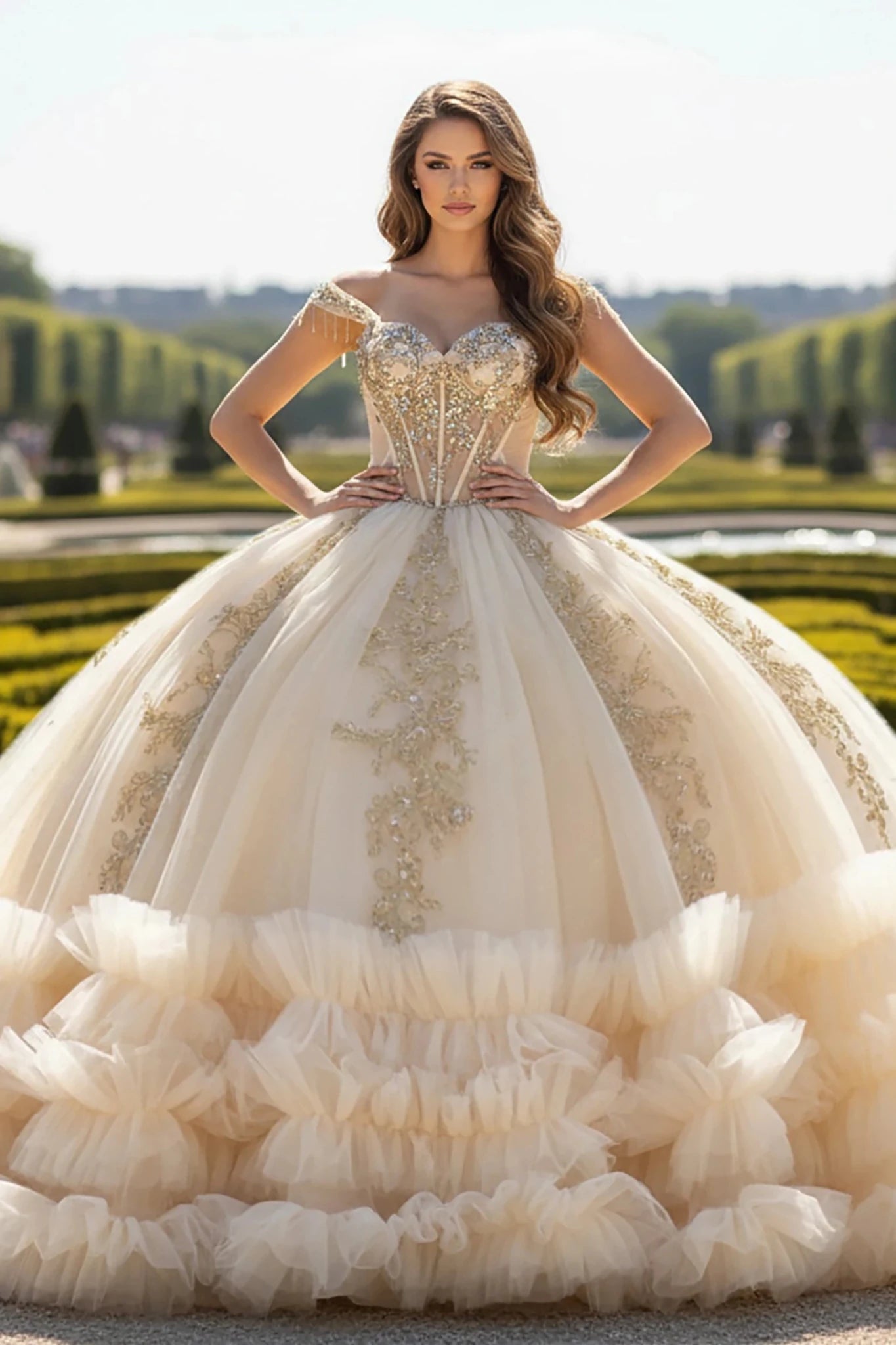 Champagne Quinceañera Dress with Sweetheart Applique Ruffle Skirt L / Champagne
