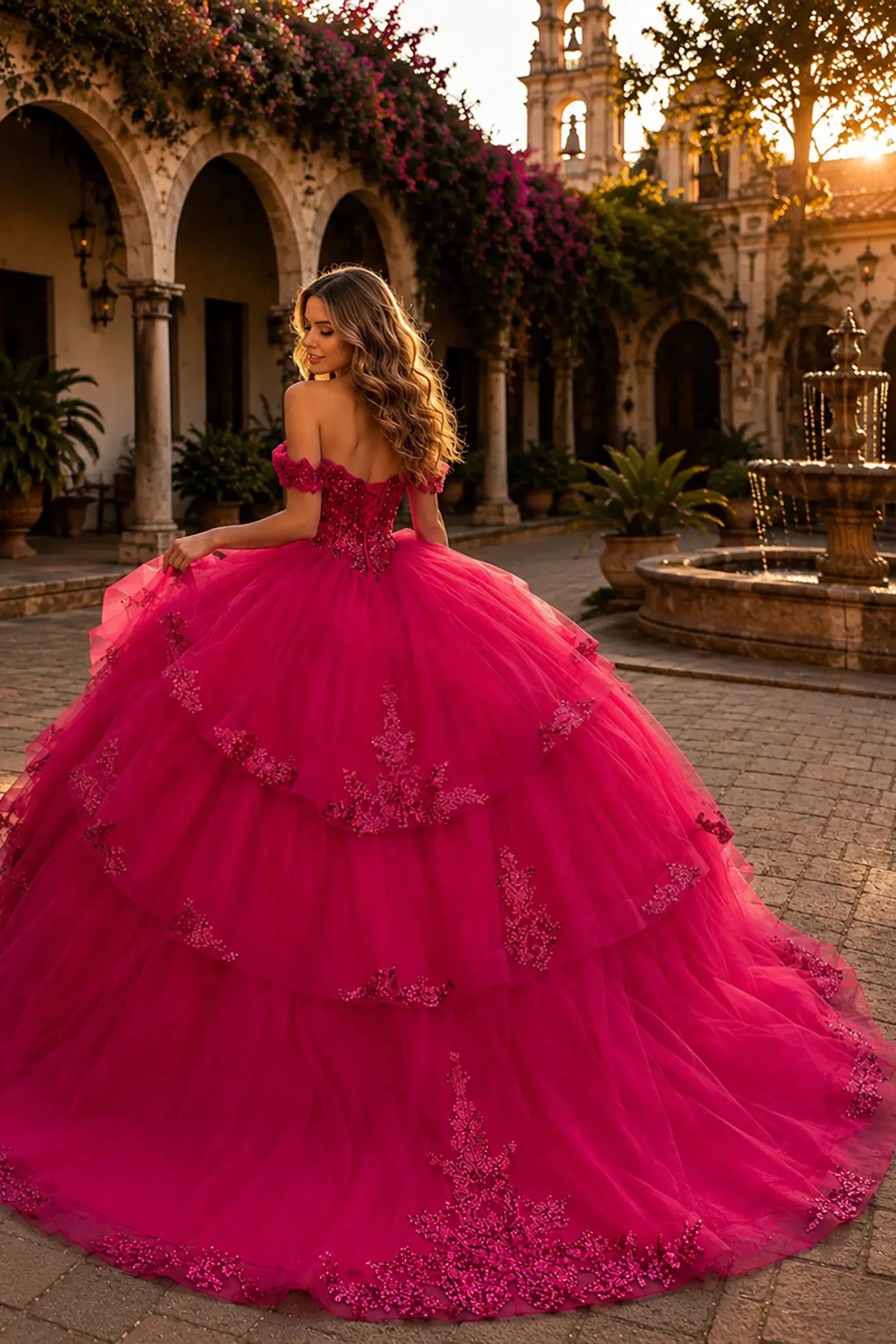 Fuchsia quinceanera ball gown with lace-up corset, sequined bodice, beadwork and embroidered chapel-length train