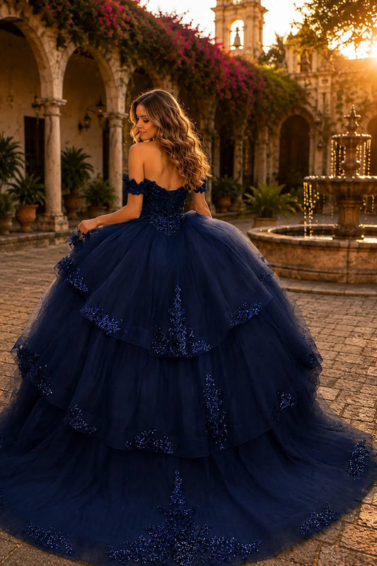 Navy quinceanera ball gown with lace-up corset, sequined bodice, beadwork and embroidered chapel-length train