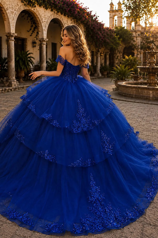 Royal blue quinceanera ball gown with lace-up corset, sequined bodice, beadwork and embroidered chapel-length train