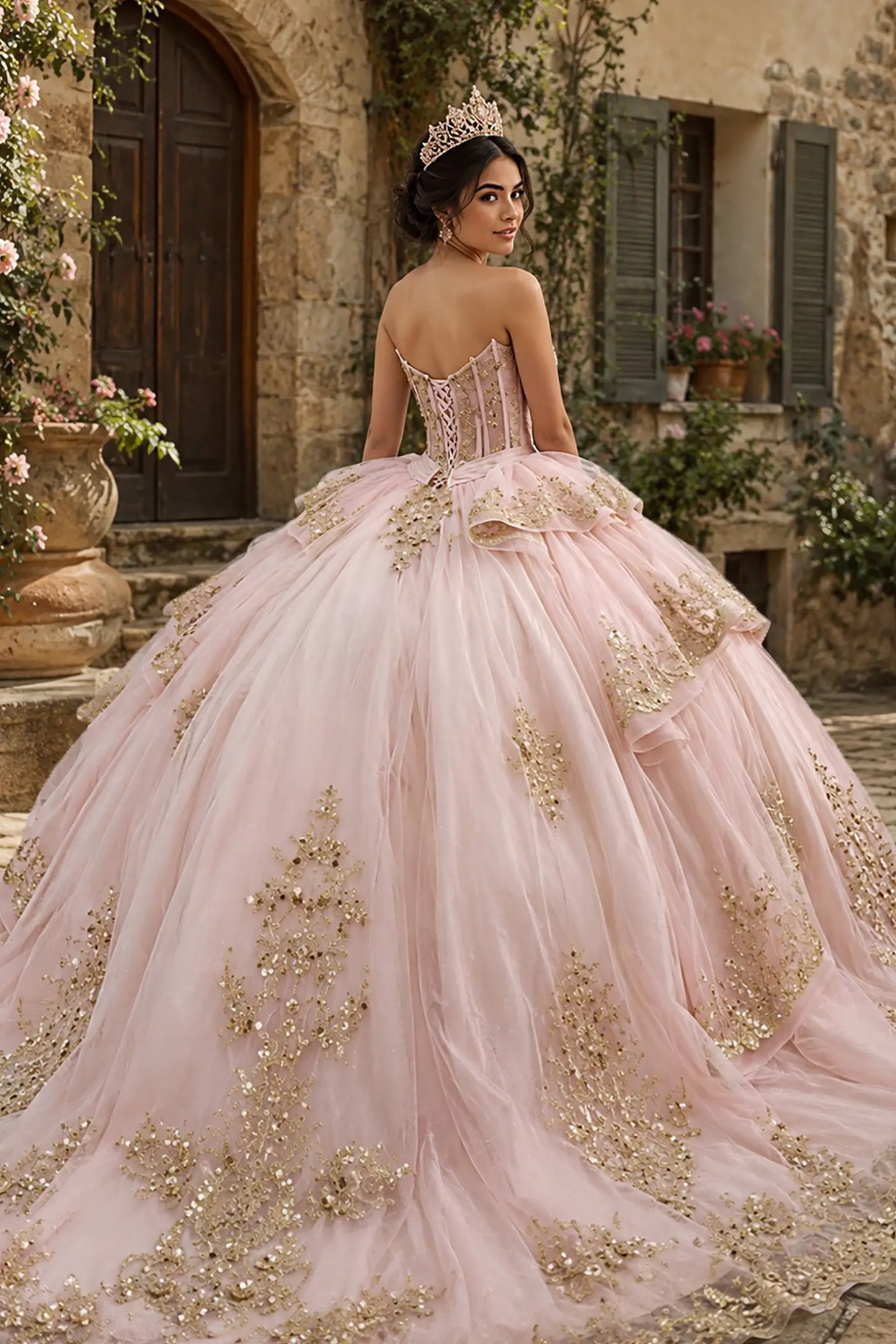 Rose Gold quinceanera ball gown with lace-up corset and layered glitter tulle fabric