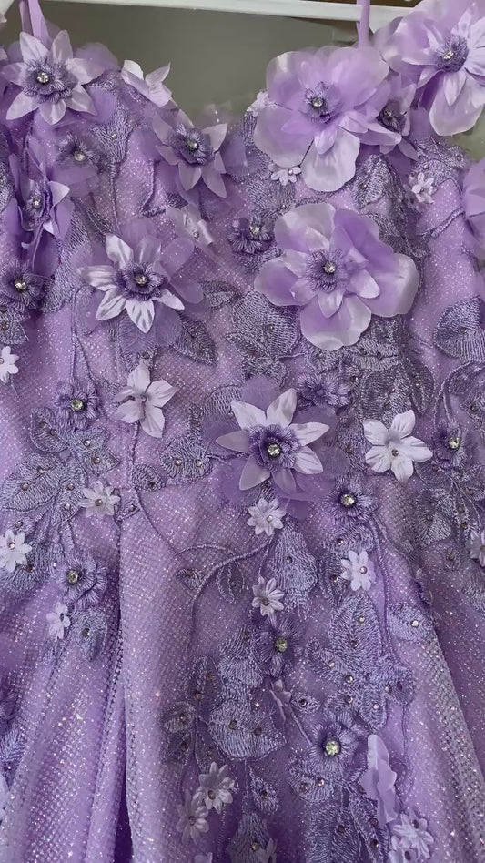 Lilac Quinceanera | 6 Colors | 3D floral off-shoulder ball gown with glitter skirt, bottom pleated, corset back tie - video of dress