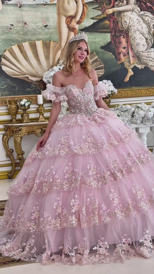 Quinceañera | Baby Pink Ball Gown with Sheer V-Neck Corset Bodice and Layered Embellished Long Skirt | Dulcinea dress video