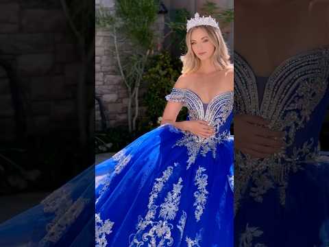 Royal Blue Off-Shoulder Ball Gown with V-Neck Corset, Embroidered Sequin Fringe & Detachable Bow