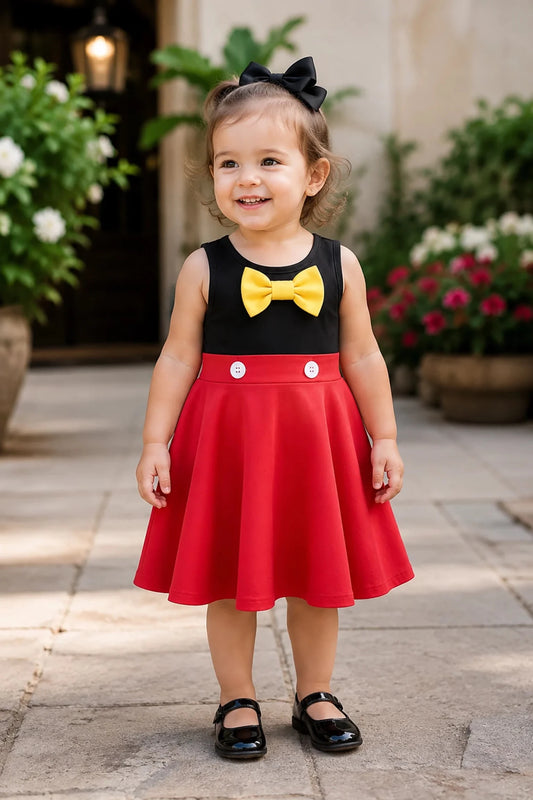 A toddler girl wearing a Mickey Mouse-inspired dress with a black bodice, yellow bow tie, red skirt