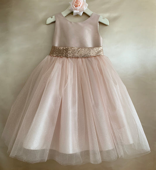 Rose Gold USA Made | Sequin V-Back Tulle Flower Girl Dress with detachable Ribbon pin - front view of dress on hanger