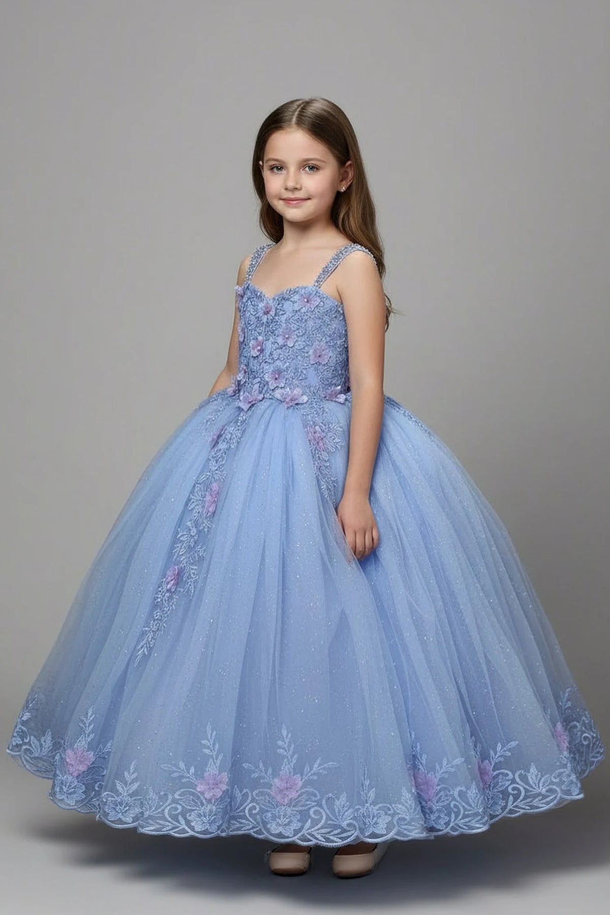 Rich texture defines, the Light Blue mini quince dress showcases beaded fringe cap sleeves with three-dimensional flowers and full tulle skirt with embroidered lace trim.