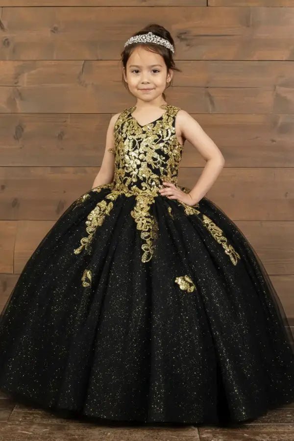Black mini quince mini quince dress with 3D floral embroidery bodice and glitter tulle layered skirt.