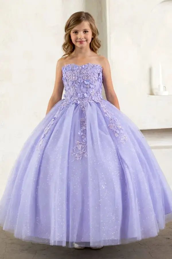 Front view of elegant black mini quince dress with lace corset bodice and layered glitter tulle skirt.