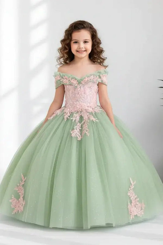 Front view of elegant sage and blush mini quince dress with fitted bodice, detachable bow accent, and glitter tulle layered skirt.
