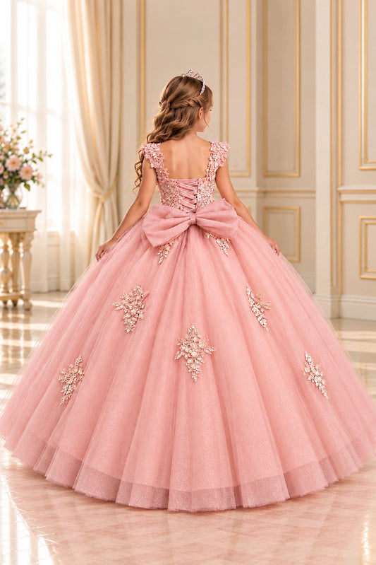 Back of the Mauve floral tulle mini quince and pageant dress showing its lace-up bodice and large bow.