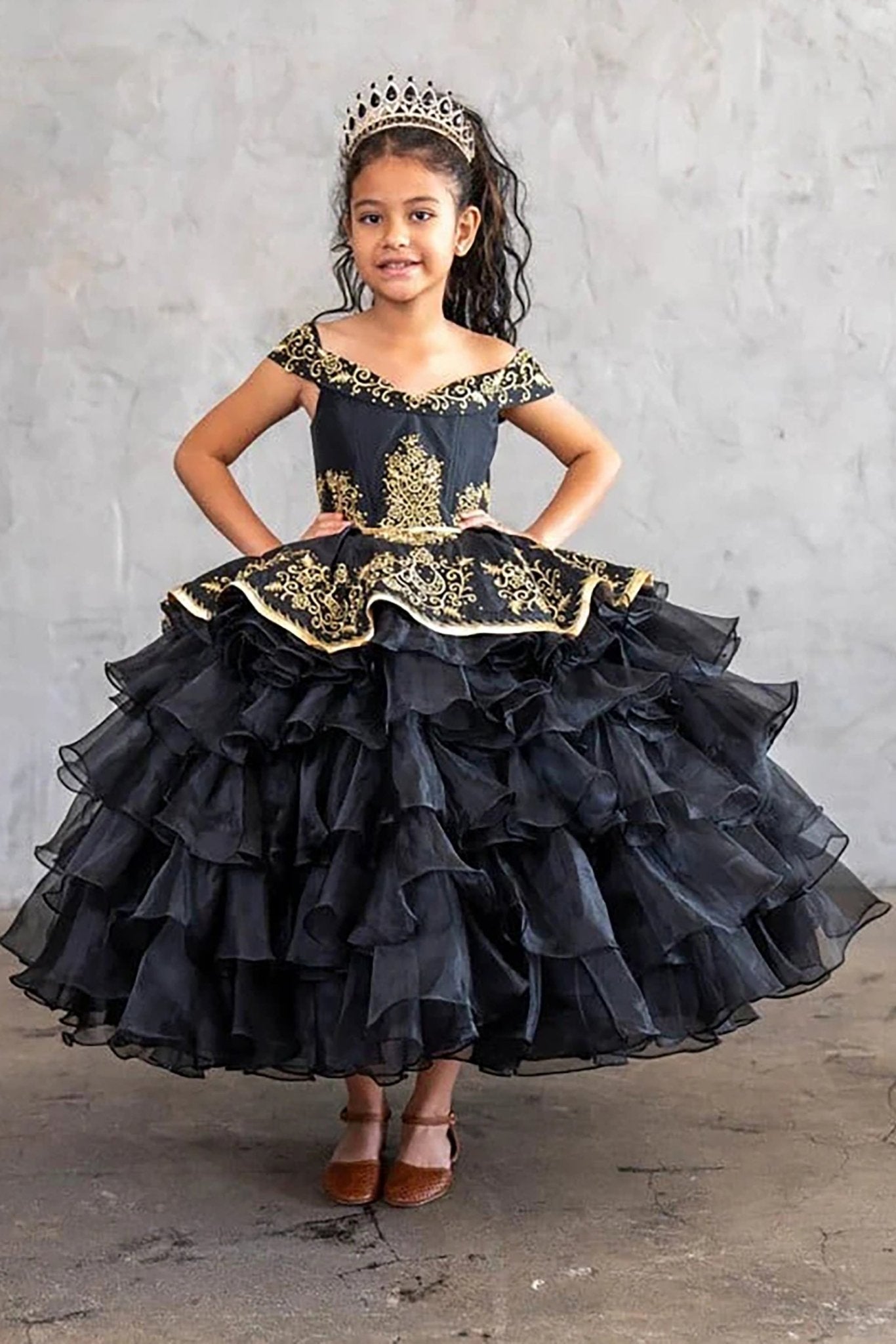 Black Kids Mini Quinceanera Ball Gown with Gold Embroidery 12 / Black