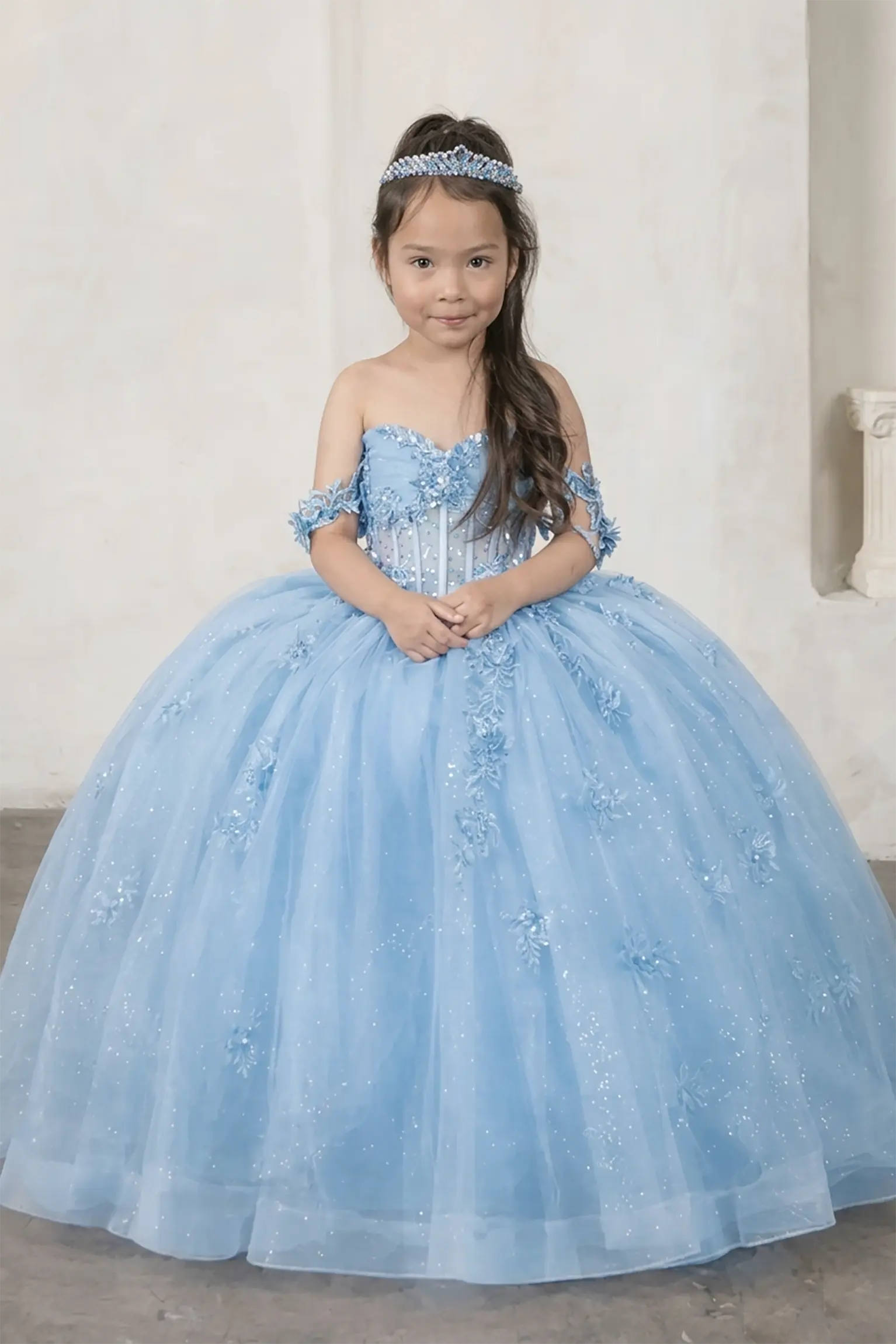Light Blue Kids Mini Quinceanera Ball Gown with Detachable Bow 6 / Blue