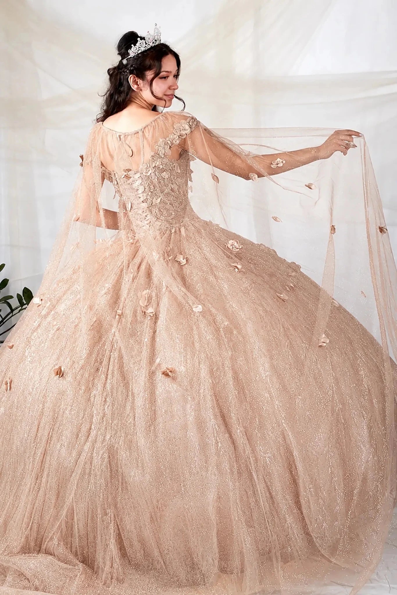 Champagne quinceañera ball gown with 3D floral applique and detachable sheer flowing cape